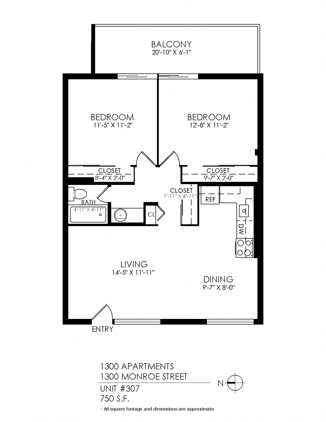 Floor plan for 2 beds, 1 bath, 785 sqft